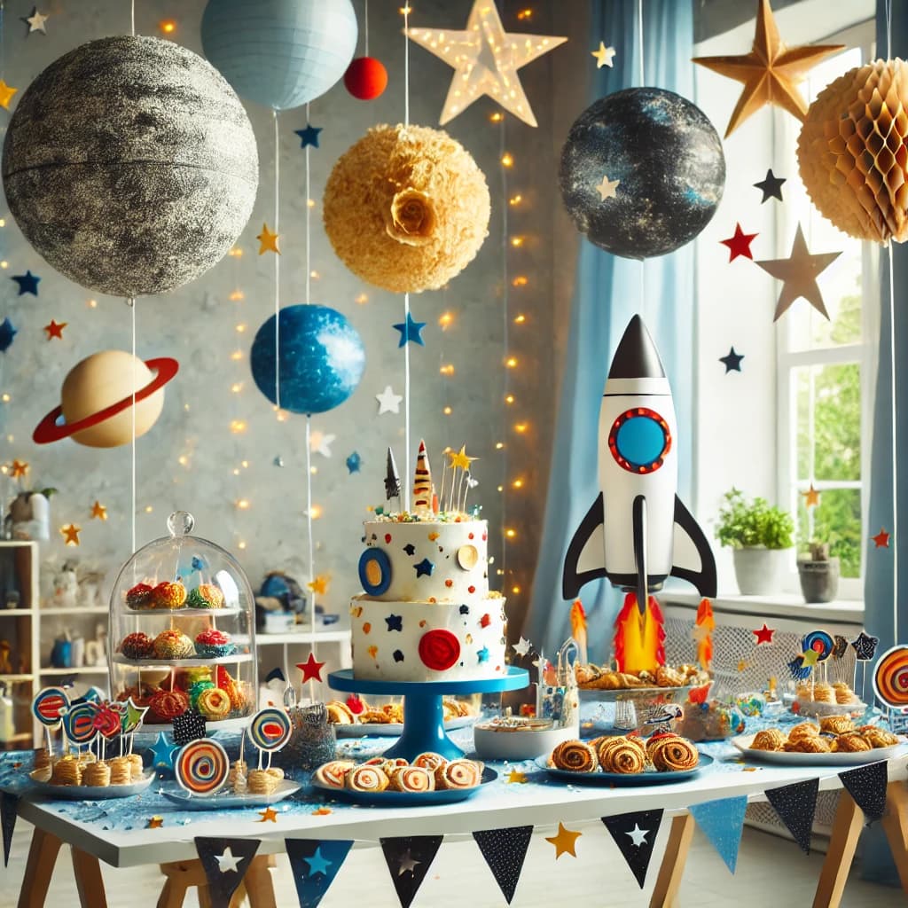 Referência de festa com planetas e foguetes